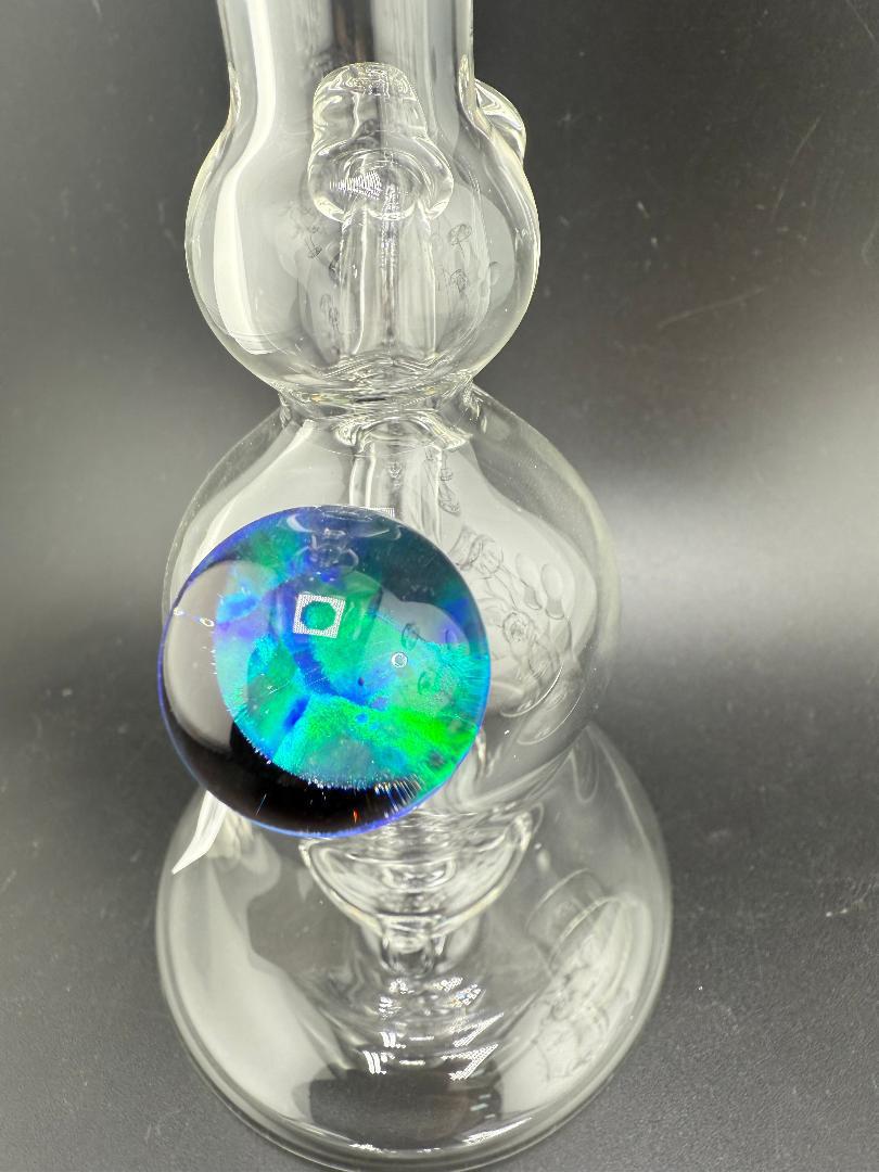 Bowman Glass V1 Clear 10mm 45° with opal marble accent, handcrafted and detailed, showcasing vibrant colors.