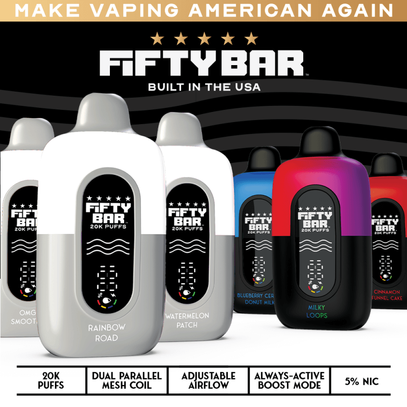 Fifty Bar 20K Disposable vape options showcasing flavors like Rainbow Road and Watermelon Patch with 5% nicotine.