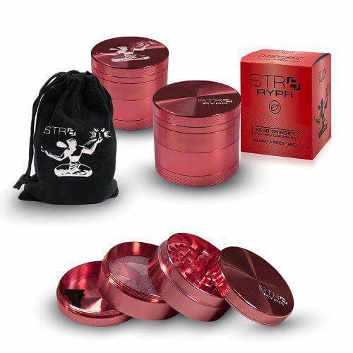 STR8 RYPR 40mm 4-piece red herb grinder with sharp teeth and pollen catcher, ideal for spices and herbs.