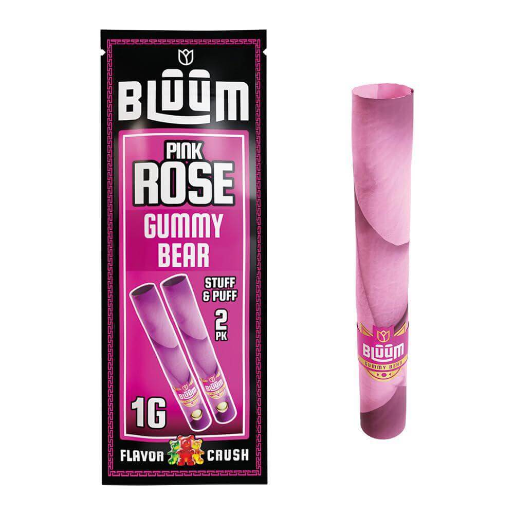 Bluum Cones Pink Rose Gummy Bear 2-pack, featuring premium rolls made from rose leaves, offering a flavorful smoking experience.