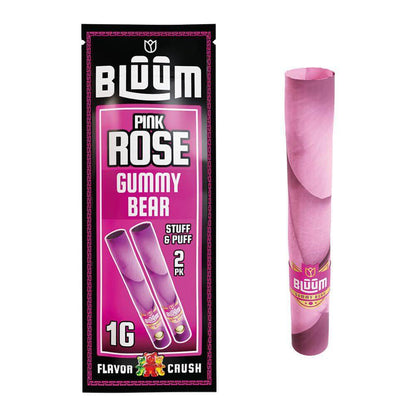 Bluum Cones Pink Rose Gummy Bear 2-pack, featuring premium rolls made from rose leaves, offering a flavorful smoking experience.