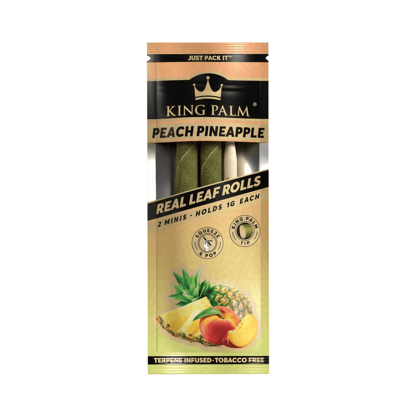 King Palm Peach Pineapple Real Leaf Rolls pack featuring 2 mini wraps, terpenes infused, tobacco free, holds 1g each.