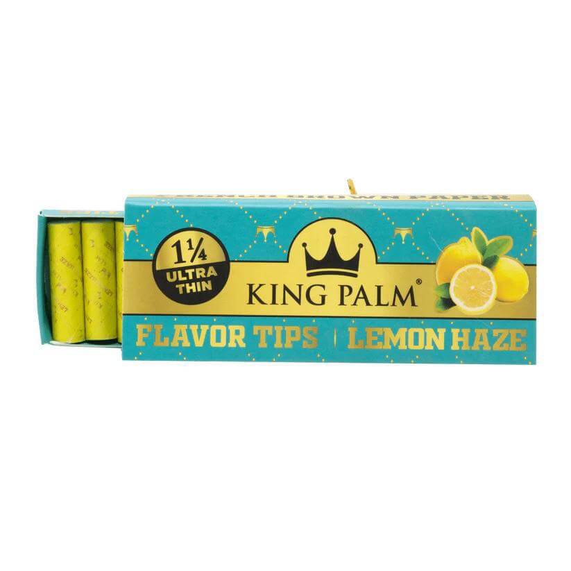 King Palm Lemon Haze Flavor Tips pack, ultra thin 1 1/4 size, featuring vibrant packaging with lemons.