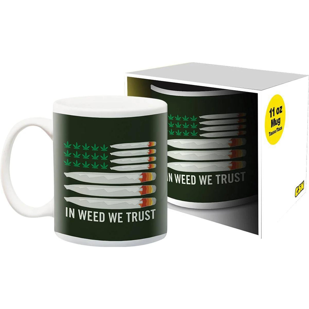 GSN 11oz Mug - In Weed We Trust design with cannabis theme for coffee or herbal drinks.