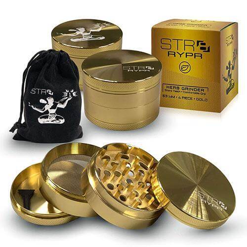 STR8 RYPR 40mm 4-piece herb grinder set, gold finish, includes storage pouch and precision grinding features.