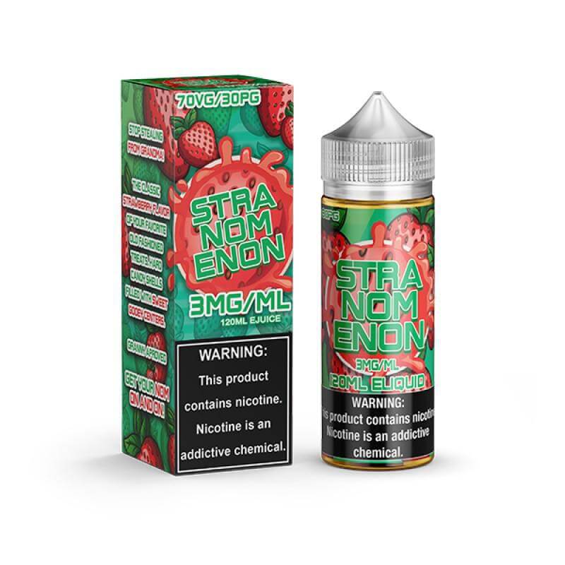 NOMS 120ml e-liquid bottle and box, featuring strawberry flavor, 3mg/ml nicotine, 70VG/30PG ratio.