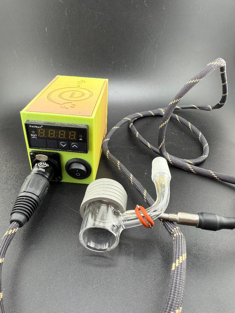 Disorderly Conduction 3D printed budget enail with digital display and attached glass banger, ideal for oil vaping.