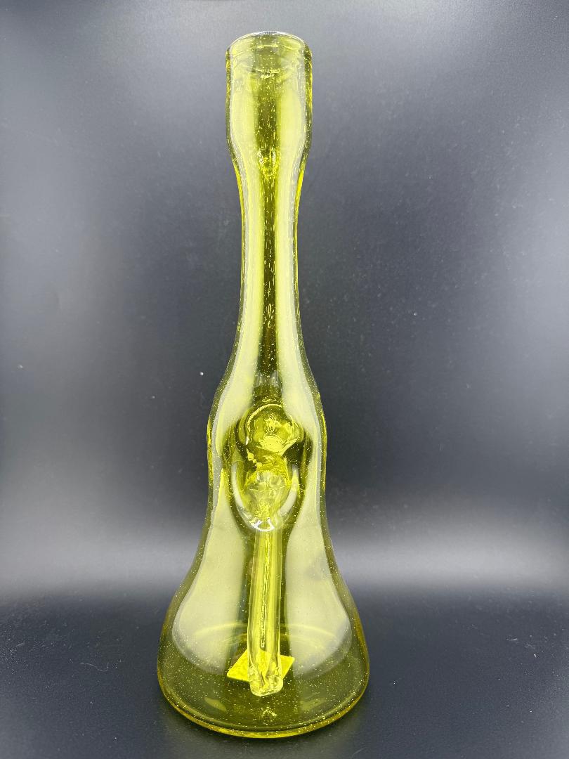 Phranq Glass Yellow Yoshi Rig with 10mm 45° Joint, showcasing a vibrant CFL color-changing design.