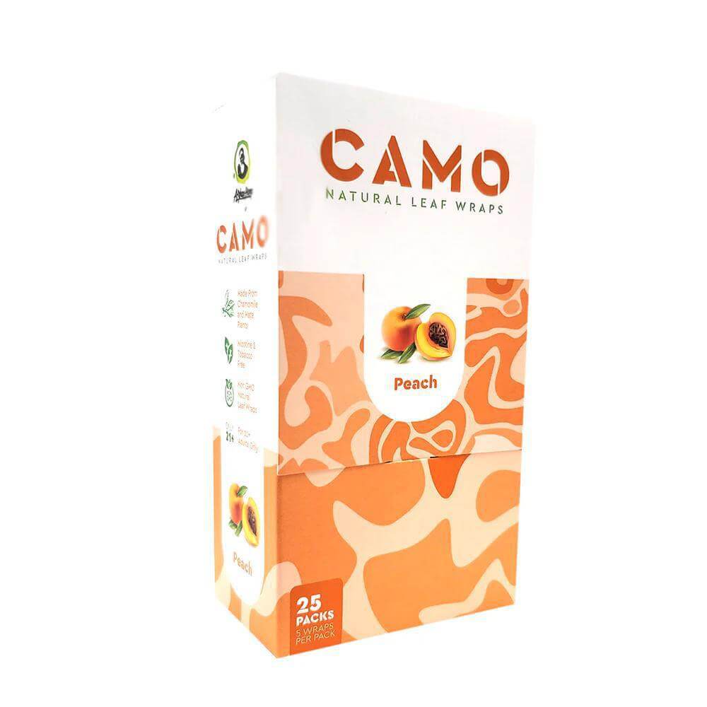 Camo Natural Leaf Wraps packaging with Peach flavor, featuring 25 packs of herbal wraps, nicotine-free and slow burning.