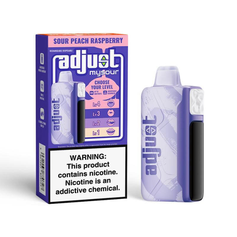 Adjust MySour 40K Disposable vape in Sour Peach Raspberry flavor, featuring customizable sour levels and nicotine warning.