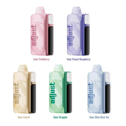 Adjust MySour 40K Disposable vapes in various flavors: Sour Pinkberry, Peach Raspberry, Island, Grapple, and Blue Razz Ice.