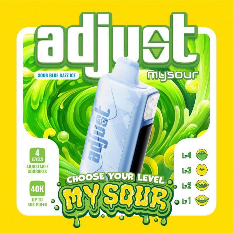 Adjust MySour 40K Disposable vape in Sour Blue Razz Ice flavor with adjustable sour levels.
