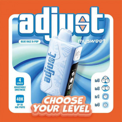 Adjust MySweet Blue Razz B-Pop vape with adjustable sweetness and 40K puffs capability.