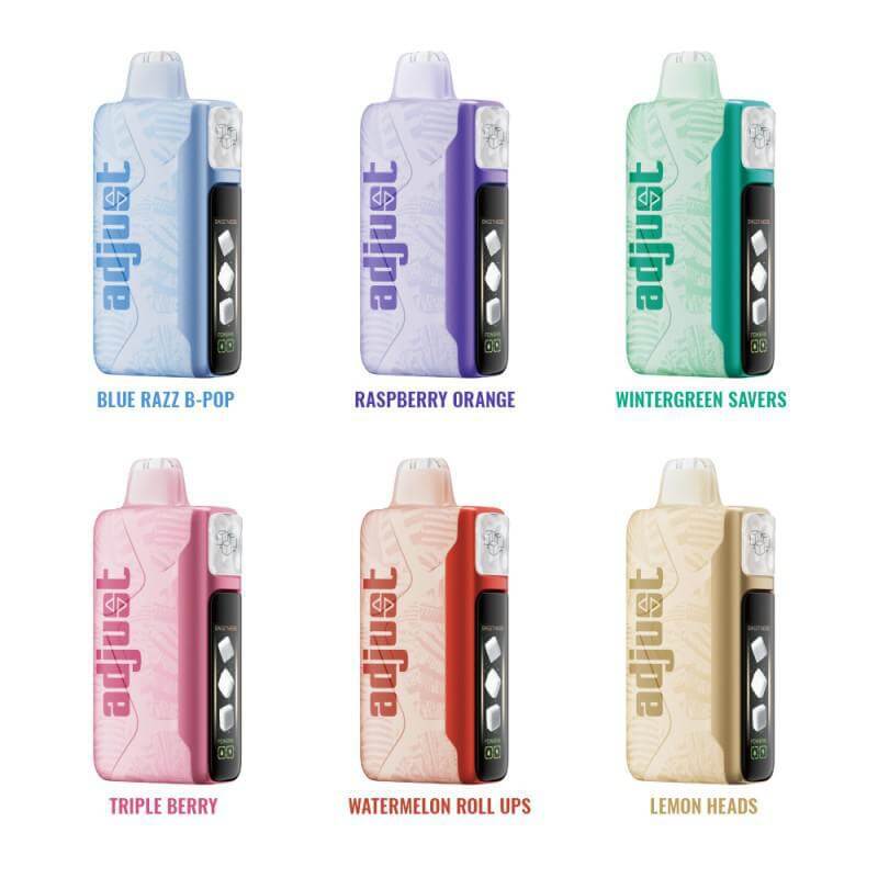 Adjust MySweet Disposable Nicotine Vapes in various flavors like Blue Razz B-Pop and Watermelon Roll Ups.