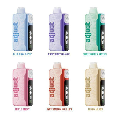 Adjust MySweet Disposable Nicotine Vapes in various flavors like Blue Razz B-Pop and Watermelon Roll Ups.