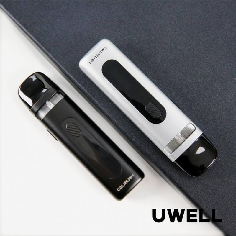 Uwell Caliburn X Pod Kit featuring black and silver devices on a dark background.