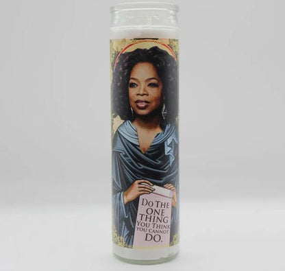 Bobbyk Saint Candles featuring a parody design of an inspiring figure with a motivational quote.