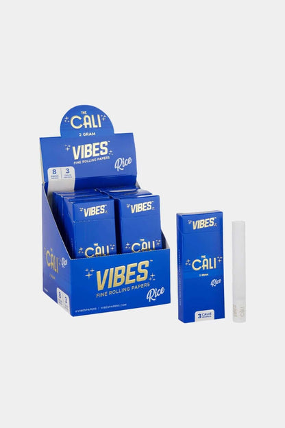 Vibes Cali Rice 1 Gram rolling papers display, featuring packs and a clear pre-rolled cone for a smooth smoking experience.