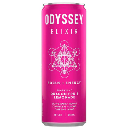 Odyssey Mushroom Elixir Core Sparkling Energy Drink in a vibrant pink can featuring dragon fruit lemonade flavor.