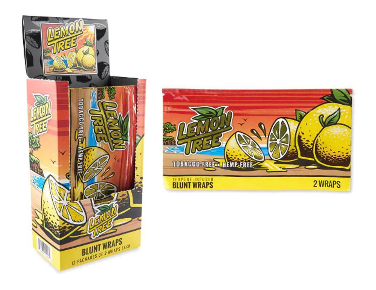 Lemon Tree Tobacco-Free Hemp Blunt Wraps packaging featuring vibrant lemon artwork and stackable design.