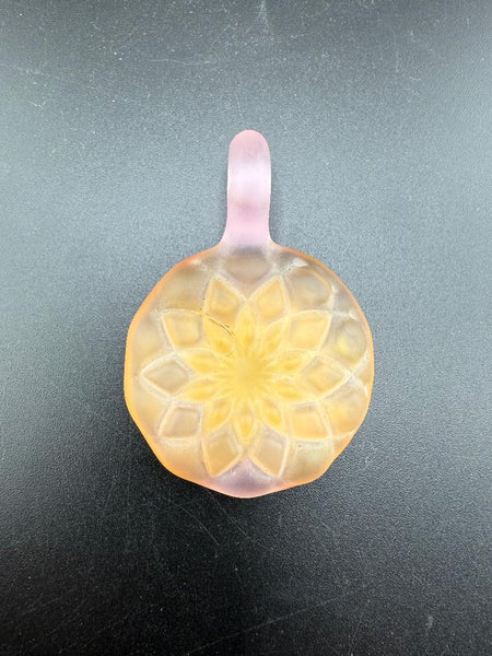 Handcrafted Mcdoogle Glass Retti Molded Sandblasted Pendant with frosted finish and floral pattern.