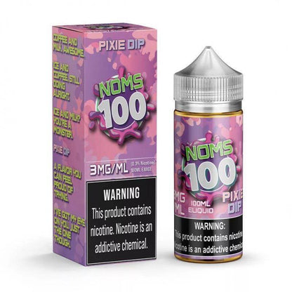 NOMS 100 Pixie Dip vape juice bottle and box featuring 100ml of premium e-liquid with 3mg nicotine.