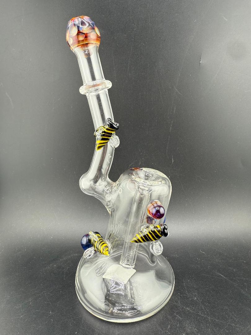 Filla John Glass Flower Bubbler - Clear w/ Amber Purple Marbles & Bee Attachments - Elegant glass design with detailed accents.