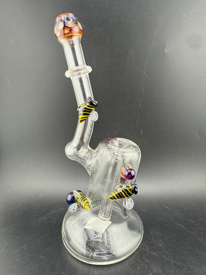 Filla John Glass Flower Bubbler - Clear w/ Amber Purple Marbles & Bee Attachments - Elegant glass design with detailed accents.
