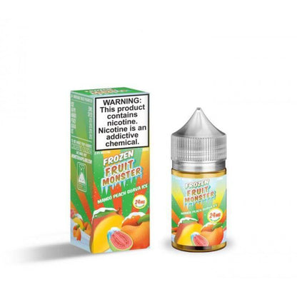 Fruit Monster Frozen Salt Nic 30ml bottle and box with mango, peach, and guava flavors for a refreshing vape.