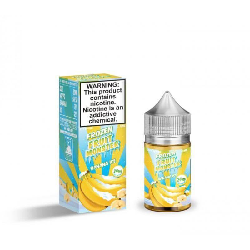 Bottle of Frozen Fruit Monster Banana Ice Salt Nic 30ml e-liquid with icy fruit flavor for vaping.