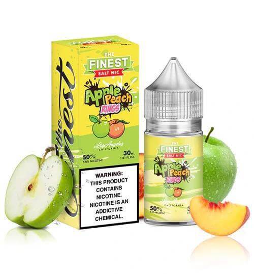 Finest Salt Nicotine 30ml Apple Peach Rings vape juice with green apples and peaches.