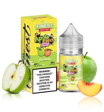 Finest Salt Nicotine 30ml Apple Peach Rings vape juice with green apples and peaches.