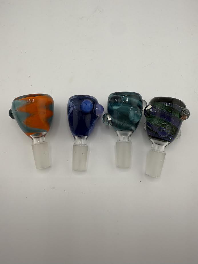 Four unique Crondo Glass 14mm bowl pieces featuring colorful frit and swirl designs.