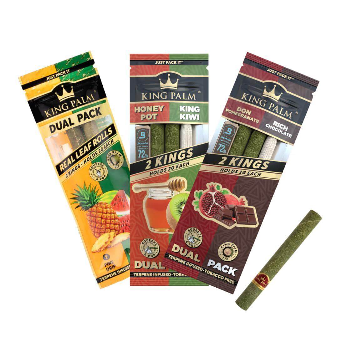 King Palm Dual Flavor Combo Pack featuring Real Leaf Rolls, Honey Pot, King Kiwi, Don Pomegranate, and Rich Chocolate.