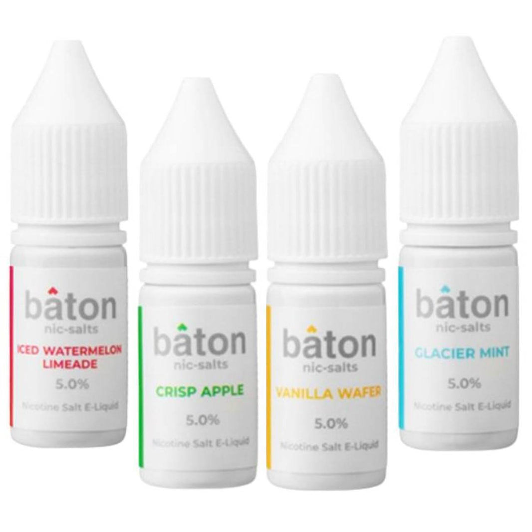 Baton Salts 10ml nicotine salt e-liquids in iced watermelon limeade, crisp apple, vanilla wafer, glacier mint flavors.