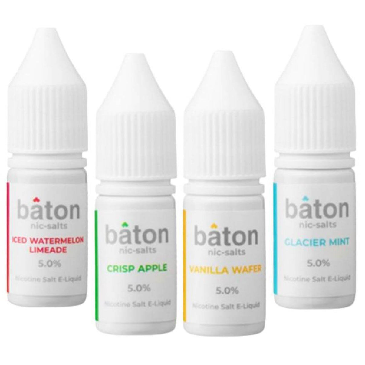 Baton Salts 10ml nicotine salt e-liquids in iced watermelon limeade, crisp apple, vanilla wafer, glacier mint flavors.