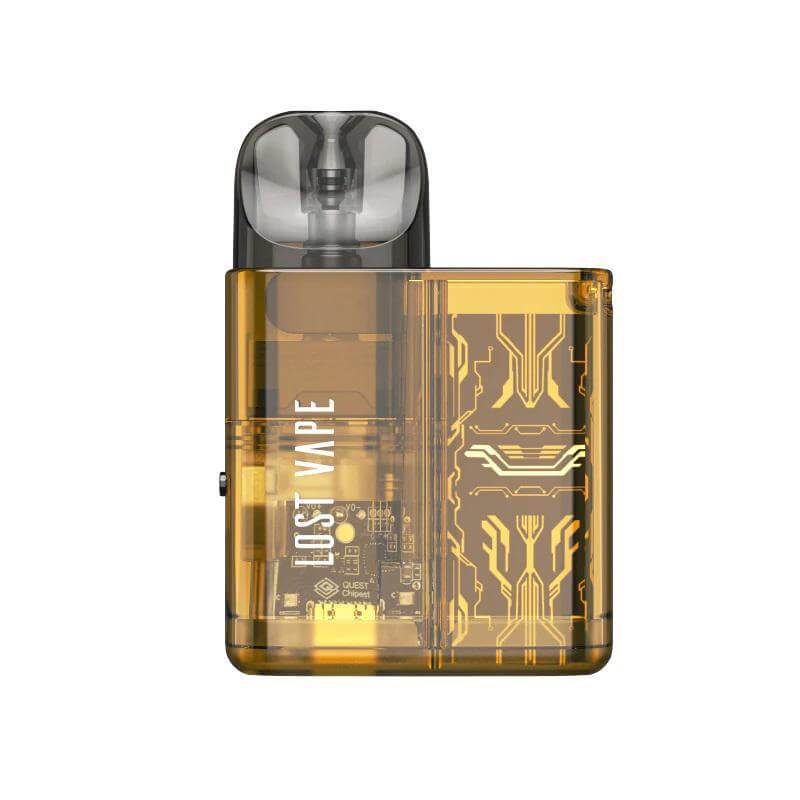 Lost Vape Ursa Baby Pod Kit in transparent gold design, featuring Quest chipset and draw-activated inhalation.