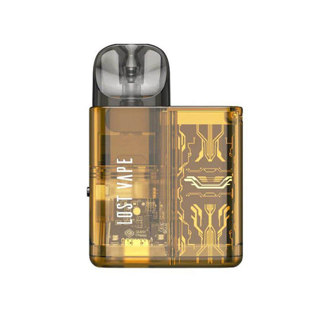Lost Vape Ursa Baby Pod Kit in transparent gold design, featuring Quest chipset and draw-activated inhalation.