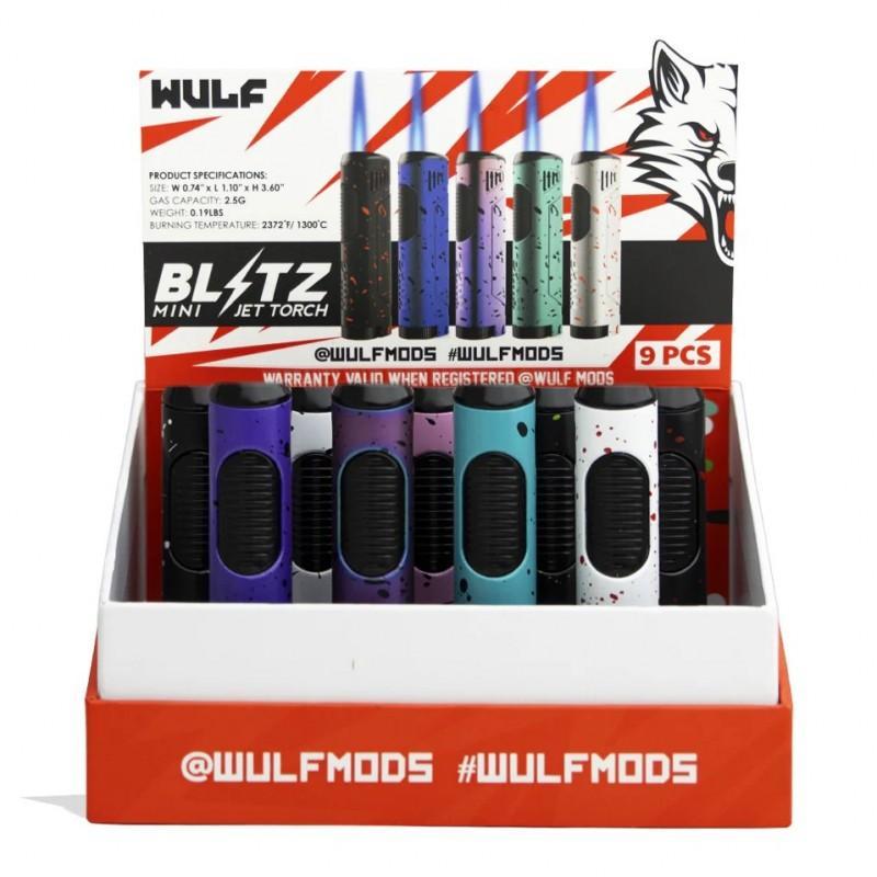 Display of Wulf Blitz Jet Torches, showcasing butane dab torch with built-in tool for easy use and portability.