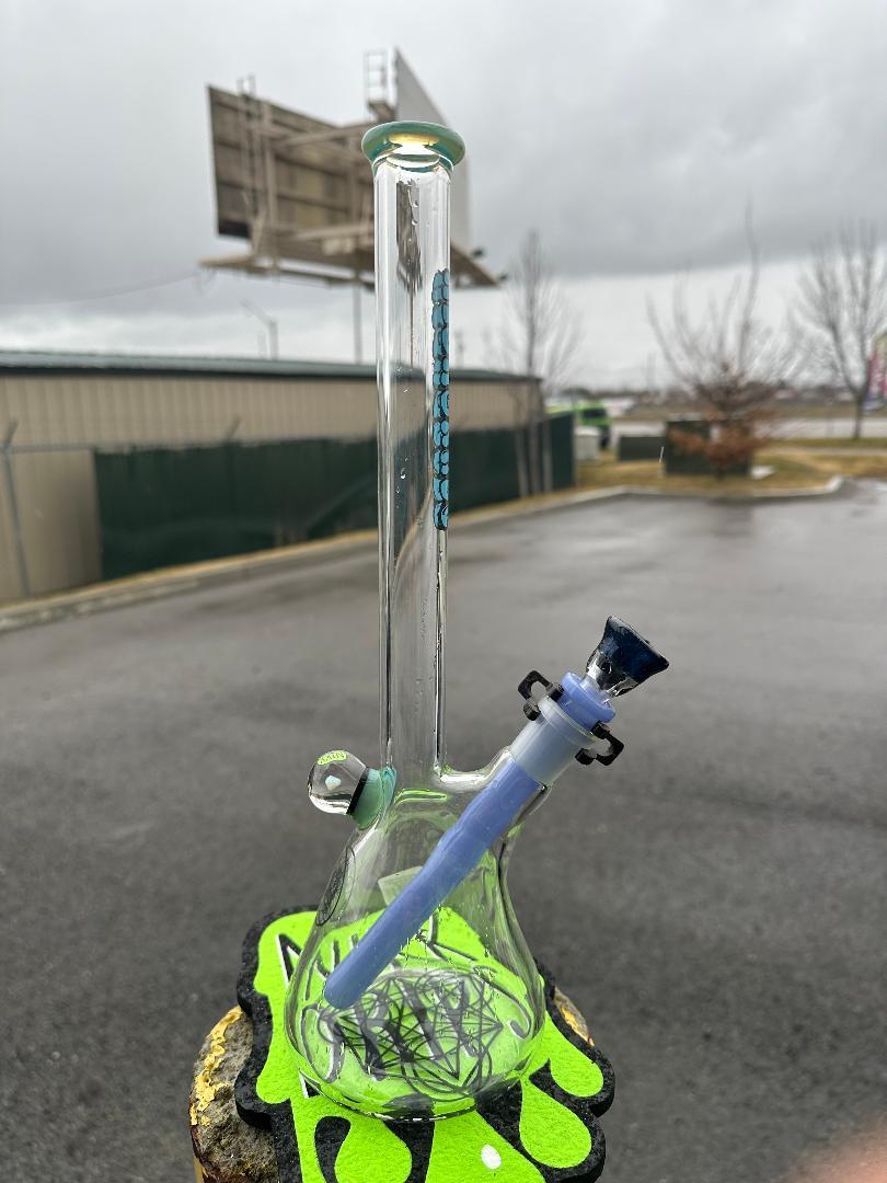 HighGrade Glass Flower Beaker - Simple Color Accent w/ Sacred Geometry Bake On, Marble Attachment and 4 Hole Slide