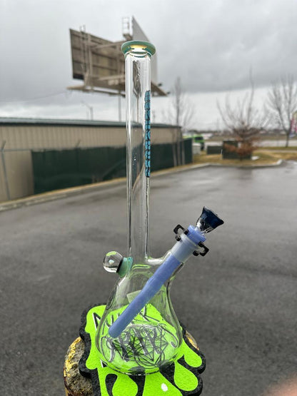 HighGrade Glass Flower Beaker - Simple Color Accent w/ Sacred Geometry Bake On, Marble Attachment and 4 Hole Slide