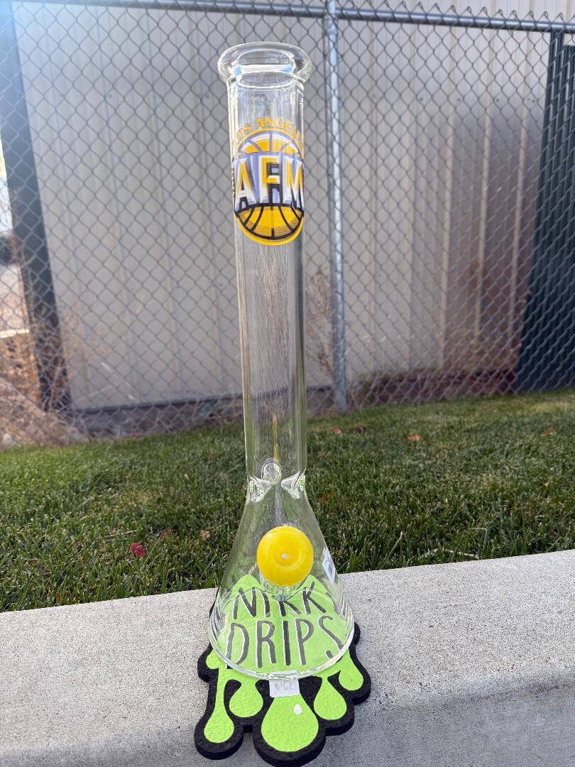 AFM Glass 18" Beaker - Sports displayed outdoors with logo and colorful base.