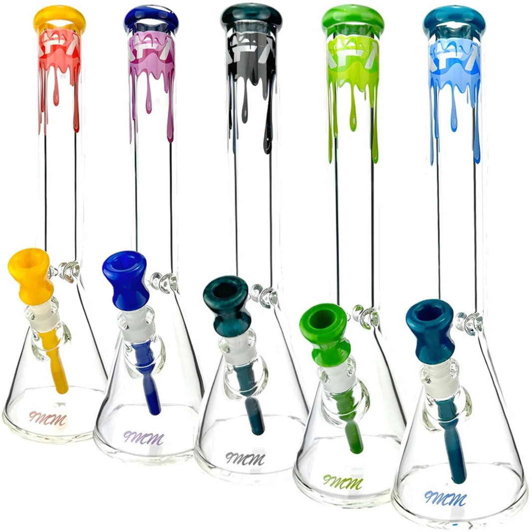 AFM Glass 18" 9mm Thick Drip Beaker TX583 14mm 45° in various colorful drip designs showcasing heavy-duty durability.