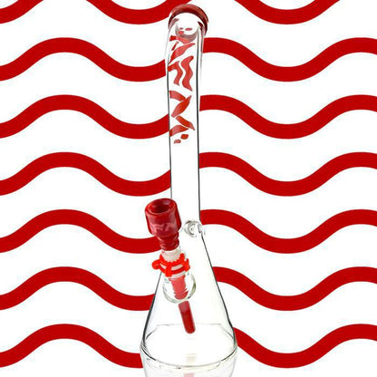 AFM Glass 18" Wavy Bent Neck 7mm Colored Lip Glass Beaker T594 with red accents on a wavy red background.