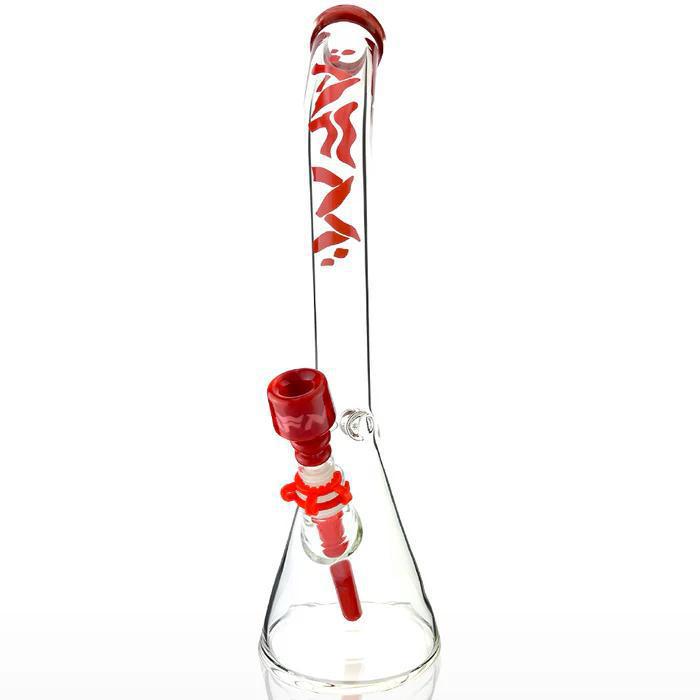 AFM Glass 18" Wavy Bent Neck 7mm Colored Lip Glass Beaker T594 showcasing red accents and ergonomic design.