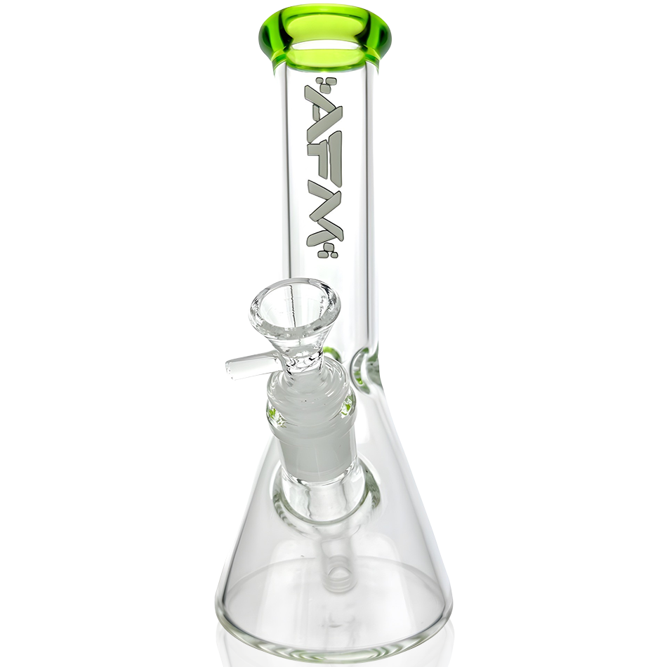 AFM Glass 8" Colored Lip Clear Mini Beaker T595 14mm 45° with vibrant green lip accent.