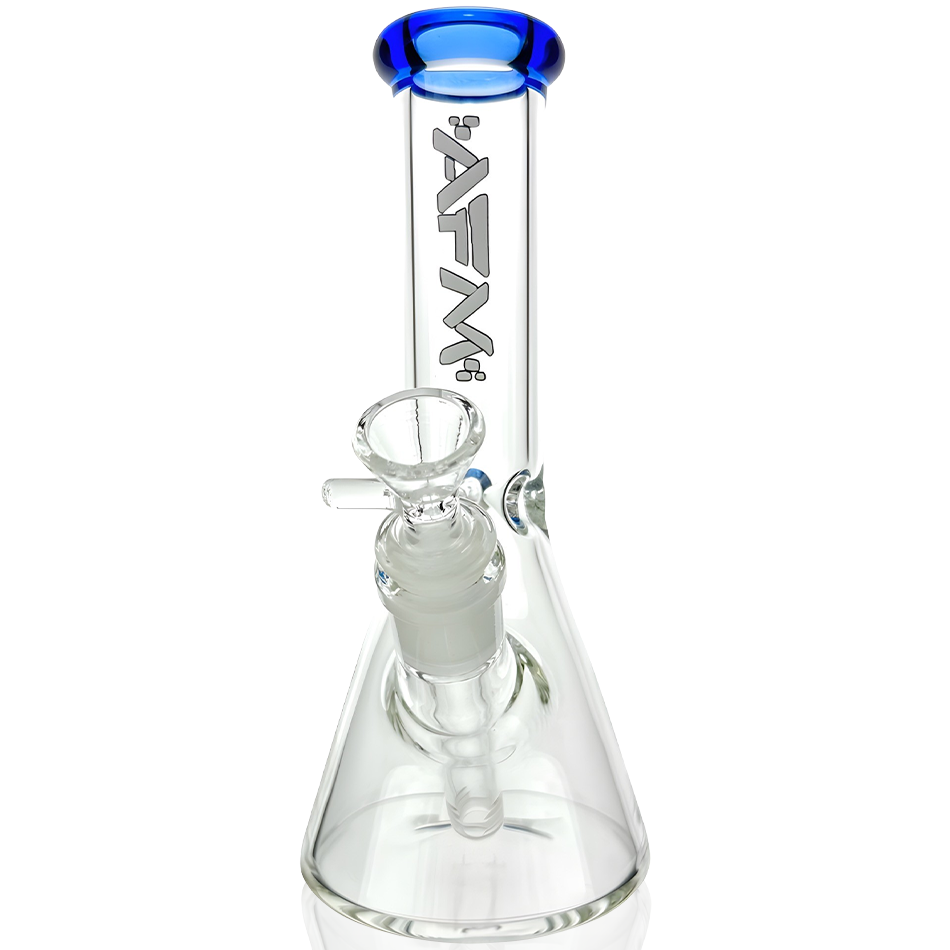 AFM Glass 8" Colored Lip Clear Mini Beaker T595 14mm 45° with blue accent and clear body