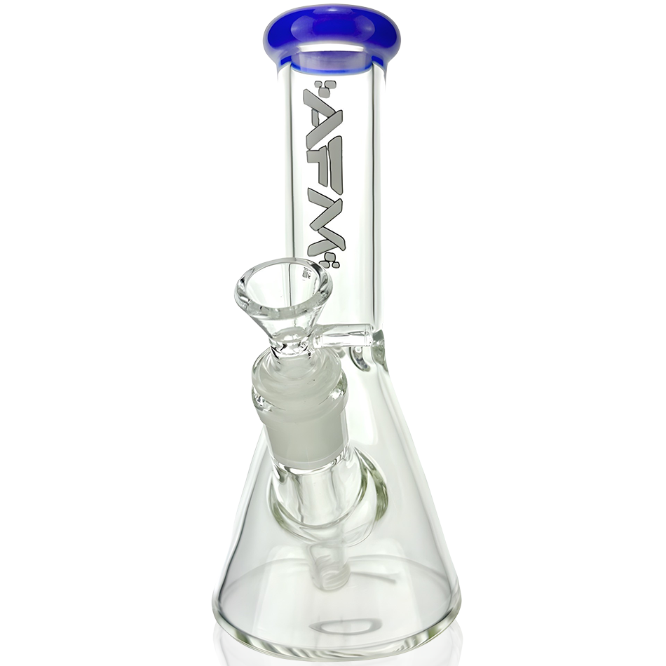 AFM Glass 8" Colored Lip Clear Mini Beaker T595 14mm 45° with blue lip accent and clear body.