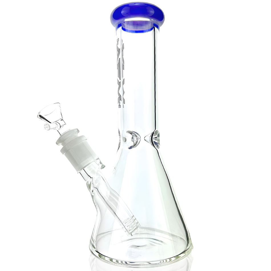 AFM Glass 8" Colored Lip Clear Mini Beaker T595 14mm 45° with blue lip and clear body for smooth filtration.
