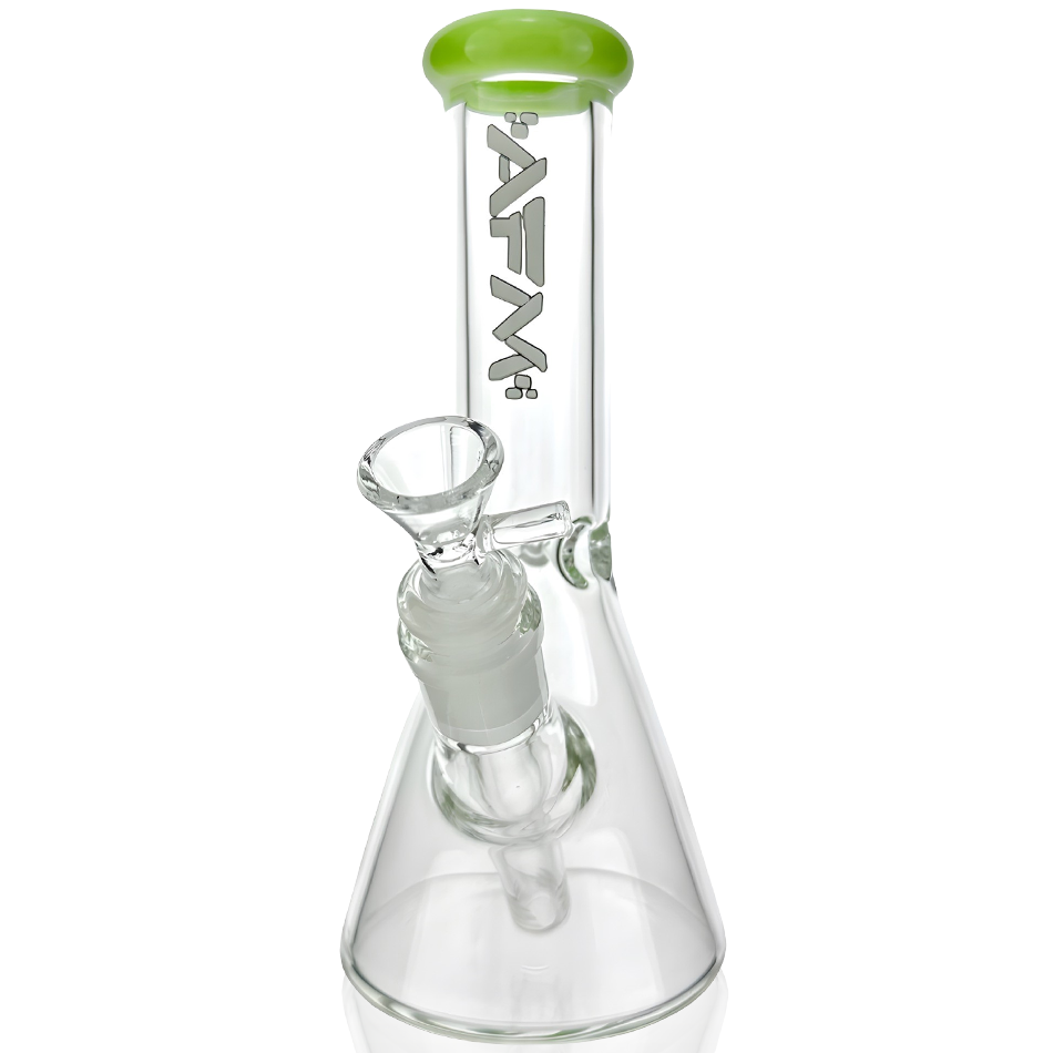 AFM Glass 8" Colored Lip Clear Mini Beaker T595 14mm 45° with green lip and clear body